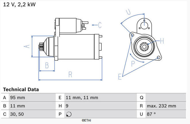 DEMARREUR 2.2KW 12V TECHN-PARTS  ECHANGE/STANDARD