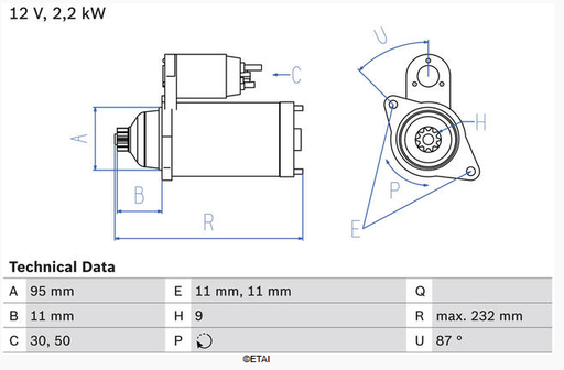 [DEM0034] DEMARREUR 2.2KW 12V TECHN-PARTS  ECHANGE/STANDARD